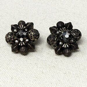 Vintage Bead Cluster‎ Earrings Silver Gray Clip-On Retro Dark Classic